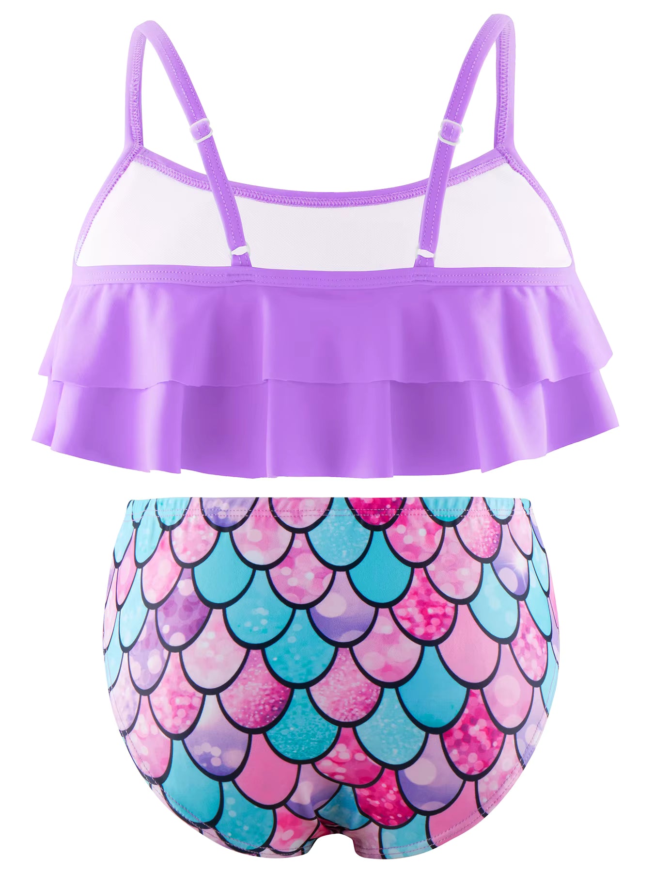 2pcs Kids Girl Sleeveless Pink Ruffle Crop Tops Scale Print Swim Briefs Swimming Suit