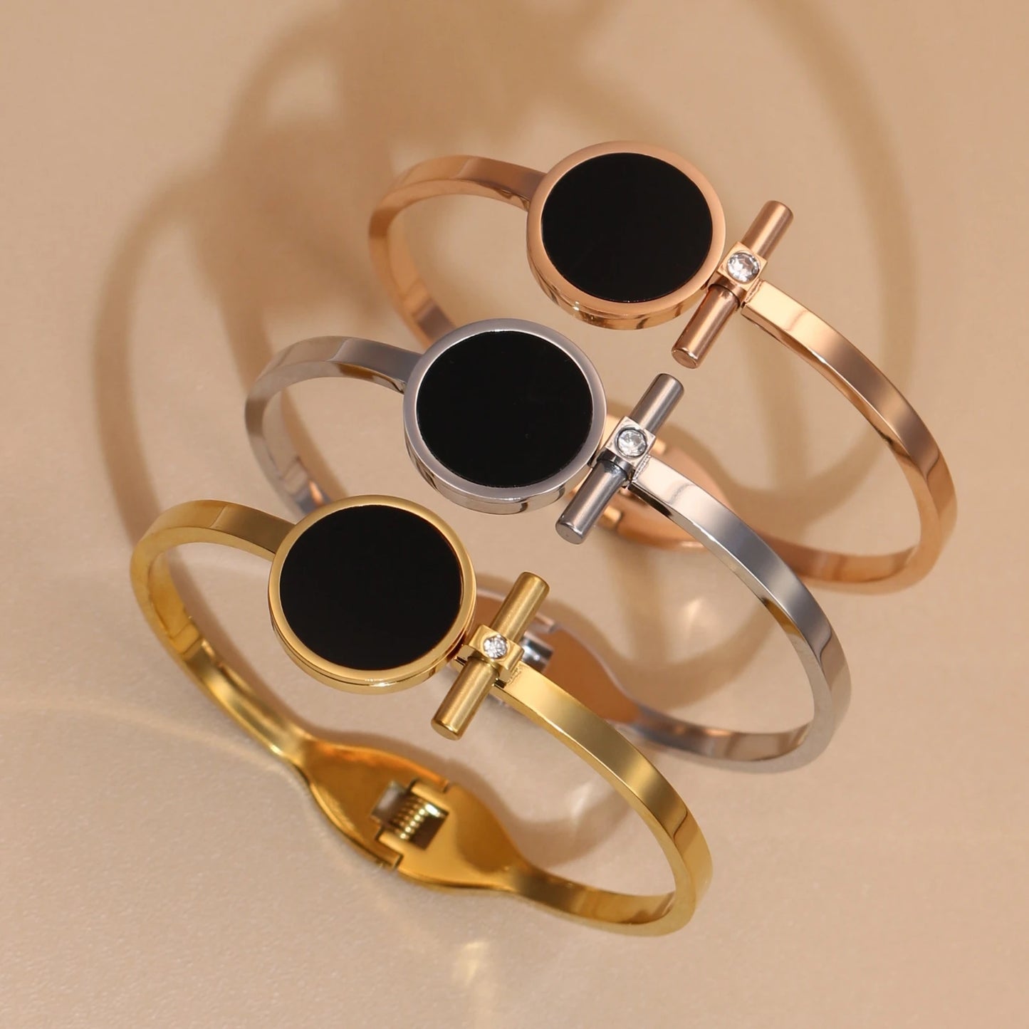 Women 2-In-1Black Acrylic Zirconia Stainless Steel Ring Bangle Bracelet Gifts Set