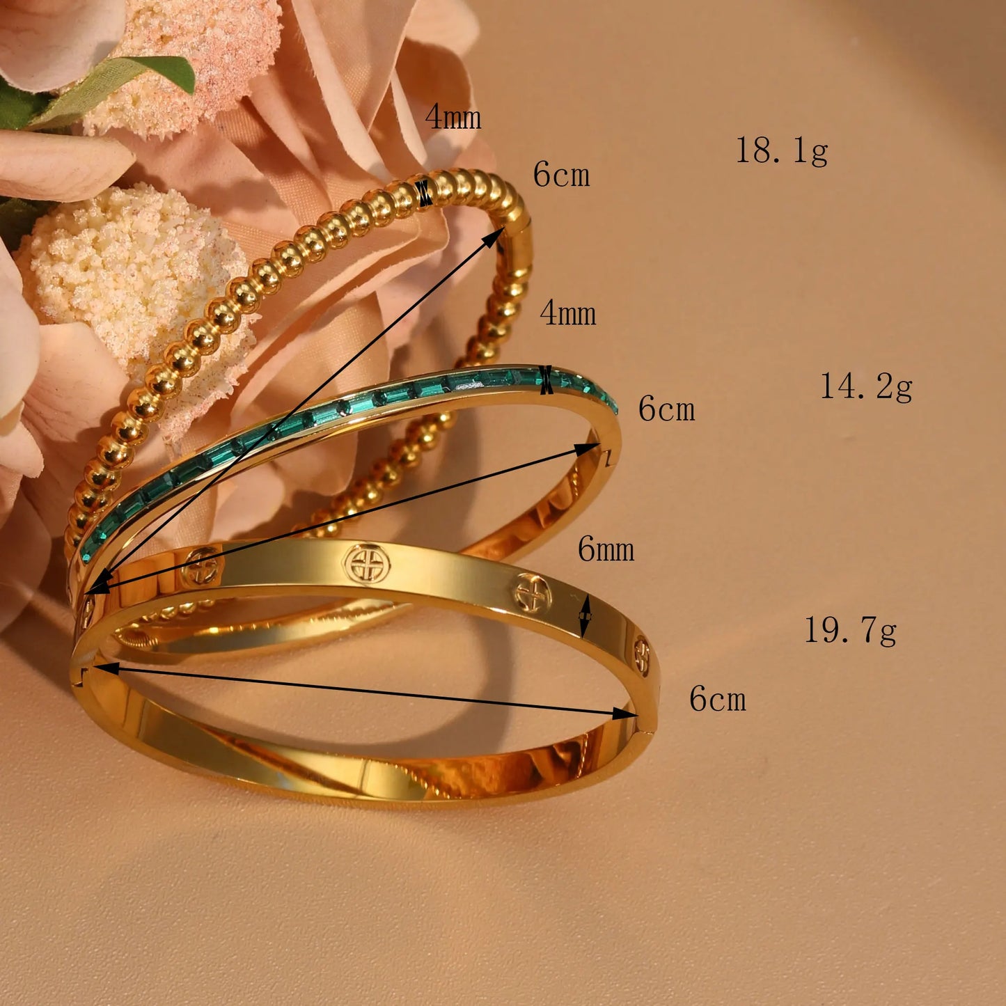 Women 18k Gold Plated Stainless Steel Green Zircon Bangles Bracelet Set Gift.