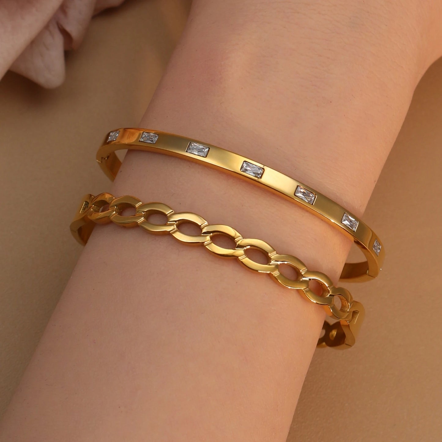 18K Gold Plated Stainless Steel Zircon Chain Hollow Women's Bracelet