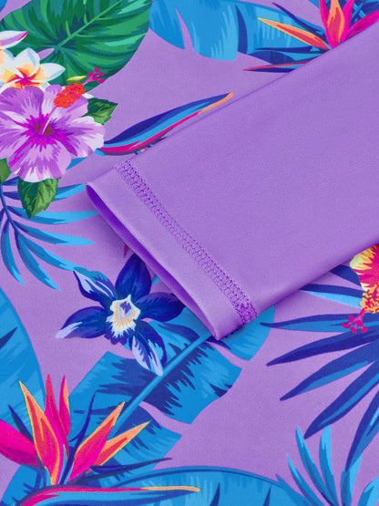 Long-Sleeved Purple Kids Girls One-Piece Tropical Plants Print Boyleg Rash Guard Beach Swimming Suit