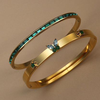 Women's Stainless Steel Green Crystal Gold Color Bracelet Bangle