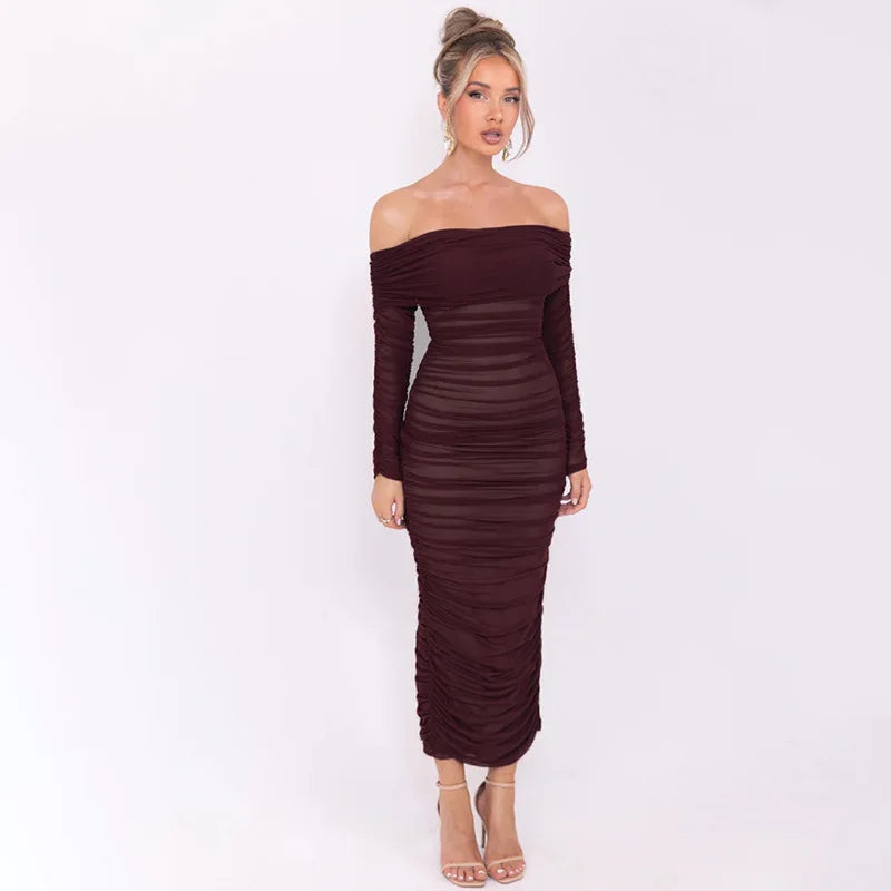 Women Off-shoulder Long Sleeve Sexy Maxi Strapless Backless Bodycon Ruched Party Long Dress