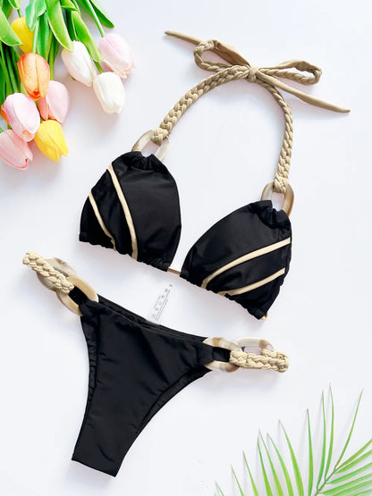 women Halter micro bikini ring Weave triangle swimsuit Brazilian bathing two pieces suit