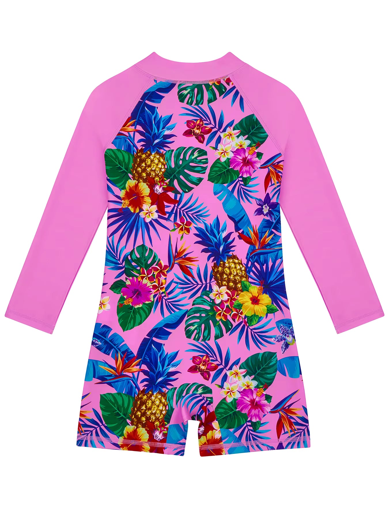 One-Piece Kids Girl Long-Sleeved Pink Plants Print Zipper Boyleg Shorts Swimming Swim Romper