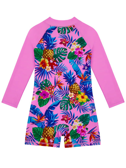 One-Piece Kids Girl Long-Sleeved Pink Plants Print Zipper Boyleg Shorts Swimming Swim Romper