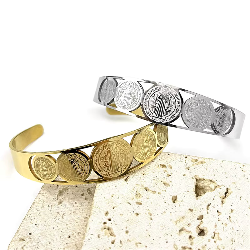 Women Men Stainless Steel Gold Color San Benito Religious Catholic Saint Benedict Adjustable Bracelet