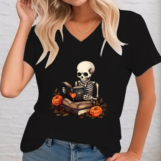 Women Skeleton Reading Book Essential Skull Flowers Graphic Tees Shirt Tops