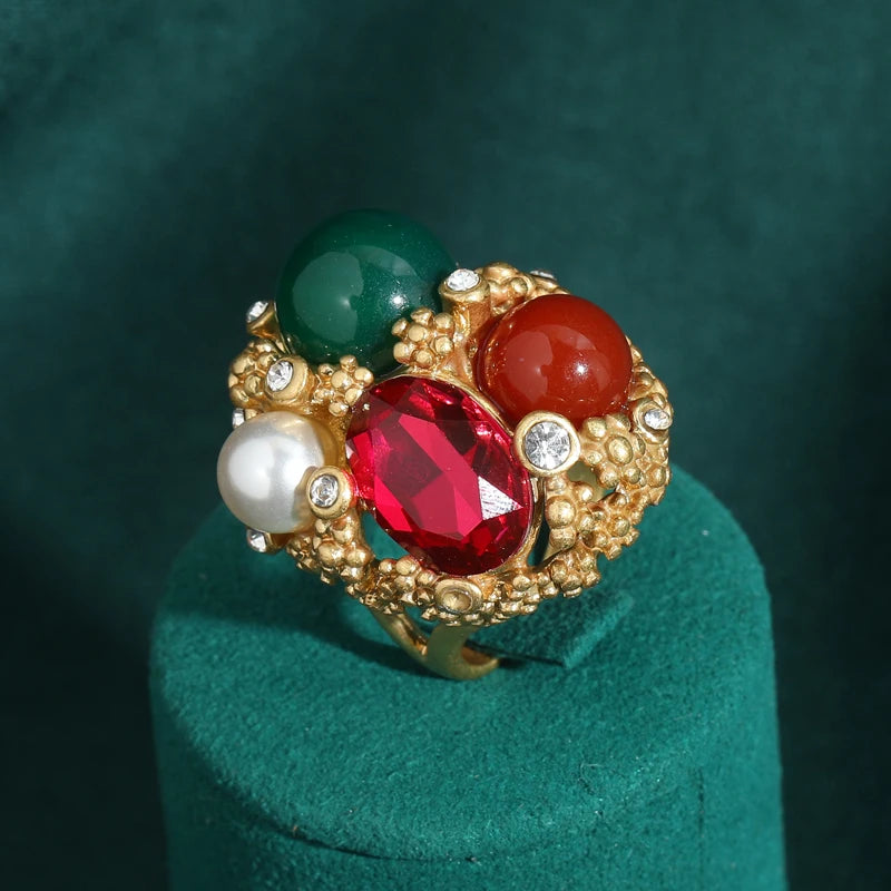 Women Vintage Antique Gold Color Oval Crystal Emerald Round Natural Stone Rings