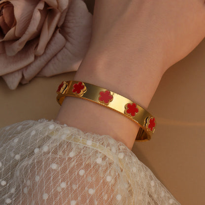 Women Acrylic Flower Shape Stainless Steel 18k Gold Color Bracelet Bangles