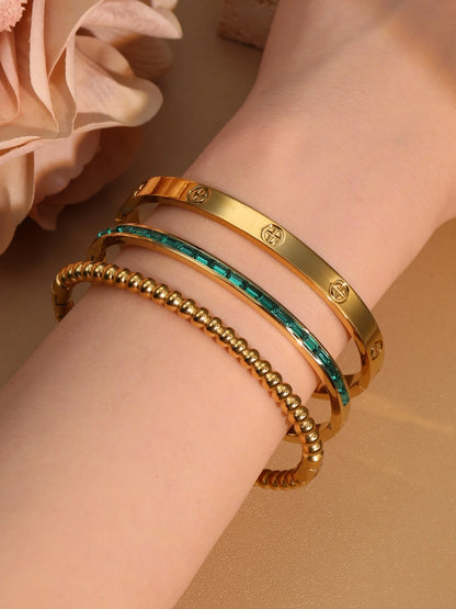 Women 18k Gold Plated Stainless Steel Green Zircon Bangles Bracelet Set Gift.