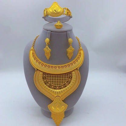 African Dubai Big 24K Gold Plated Women Wedding Indian Brazilian Pendant Necklace Earrings