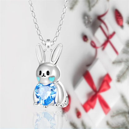 Women Fashion Girl Cartoon Bunny Animal Heart Shape Blue Crystal Rabbit Pendant Necklace Gift