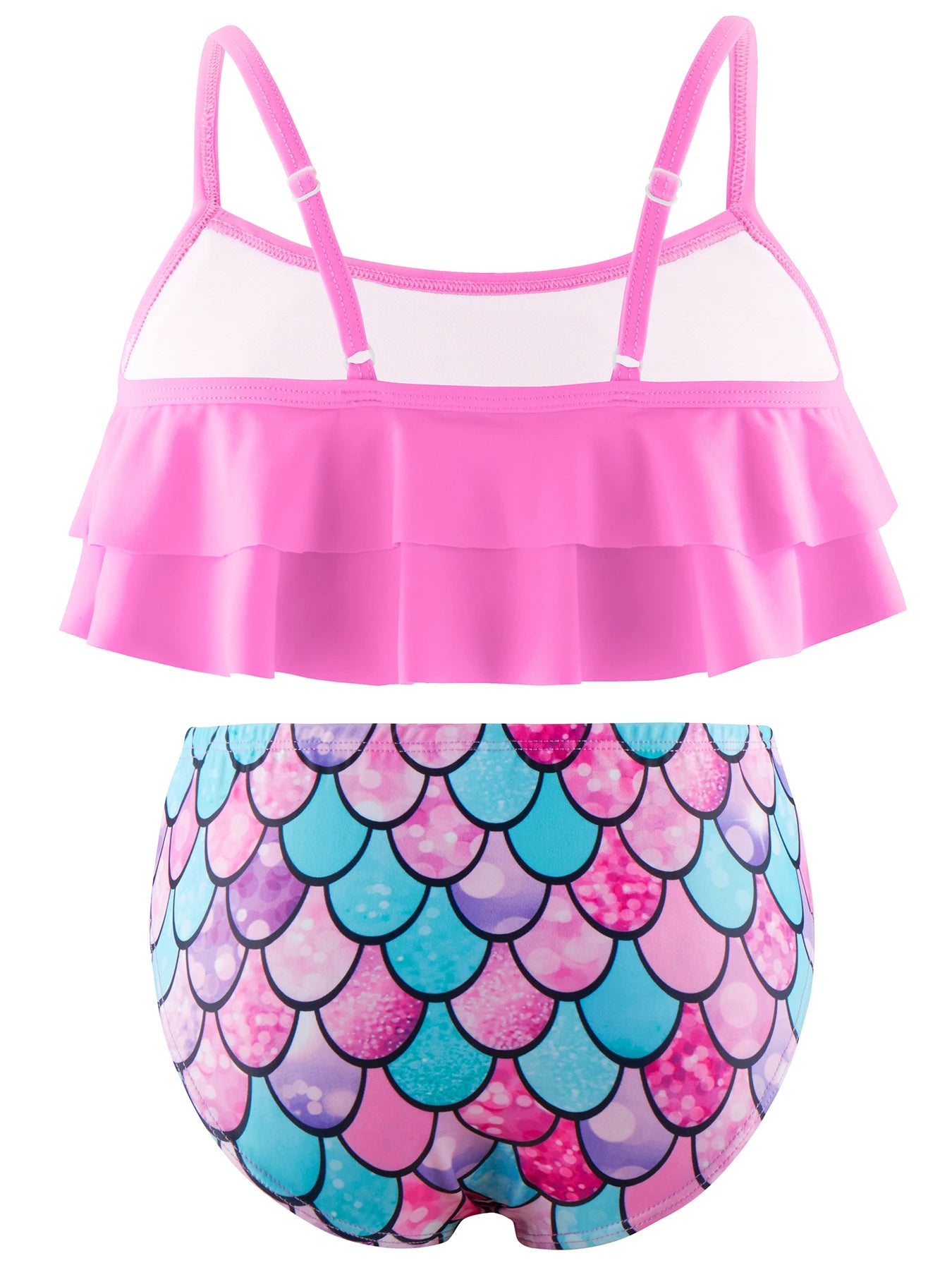 2pcs Kids Girl Sleeveless Pink Ruffle Crop Tops Scale Print Swim Briefs Swimming Suit