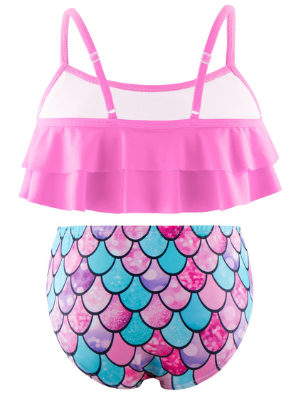2pcs Kids Girl Sleeveless Pink Ruffle Crop Tops Scale Print Swim Briefs Swimming Suit