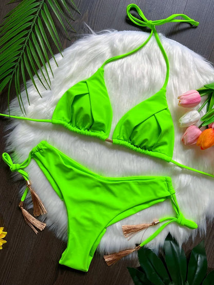 Sexy Folds Solid Micro Bikinis Swimsuit Triangle Swimwear Beach Wear Bathing Suit