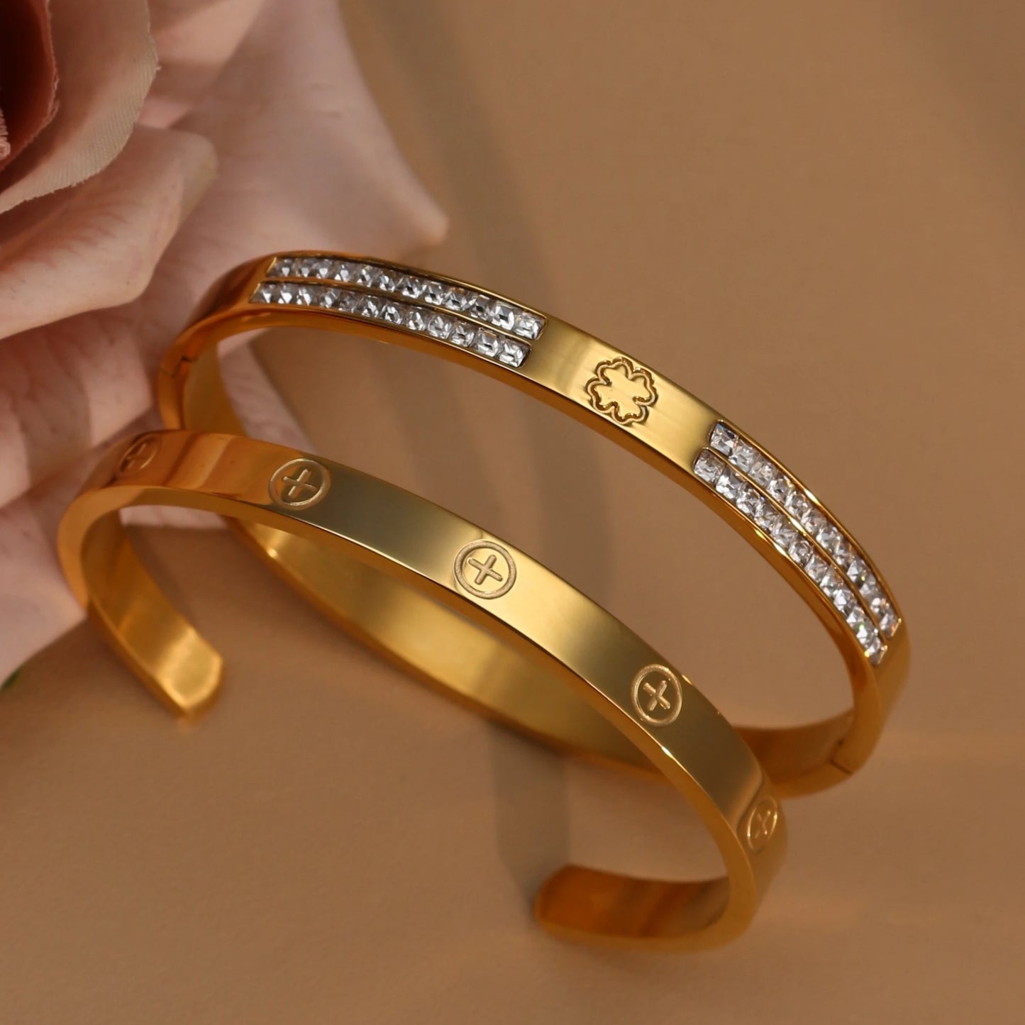 18K Gold-Plated Cross Screwdriver Stainless Steel Zircon Bangle Bracelet Women's Jewelry