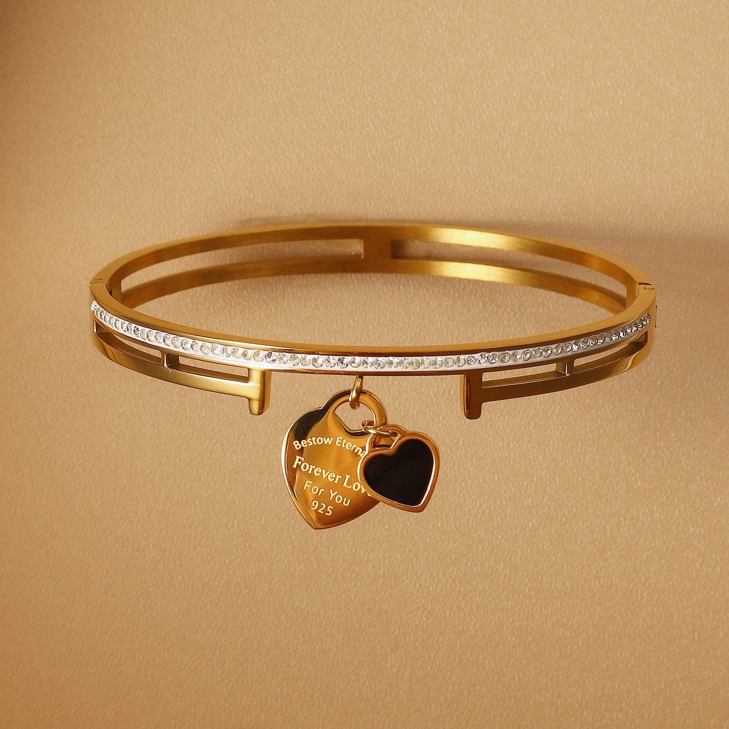 Women Fashion Double Peach Heart Love Stainless Steel Gold Color Bracelet Bangle Gifts