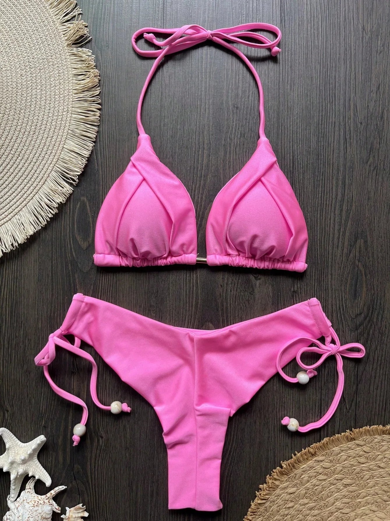Sexy Bikini Women Pink Halter Push Up Bra Thong Swimsuit Beach Bathing Swimwear Suit