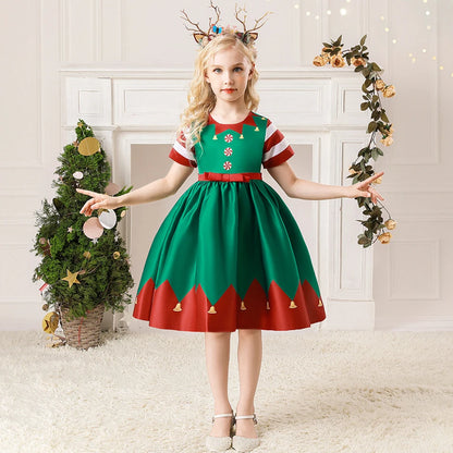 Girls Kids New Year Party Santa Claus Snowman Print Cosplay Costume Xmas Princess Theme Party Dress