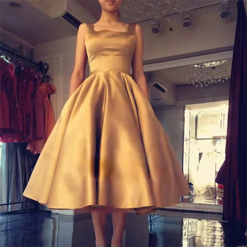 Women's Square Neck Satin Prom Bow A Line Backless Tea Length Formal Evening Party Dress w/ Pockets