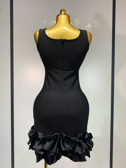 Women Spaghetti Strap Bodycon Short Black Pleated Ruffle Hem Sleeveless Evening Party Cocktail Birthday Dress