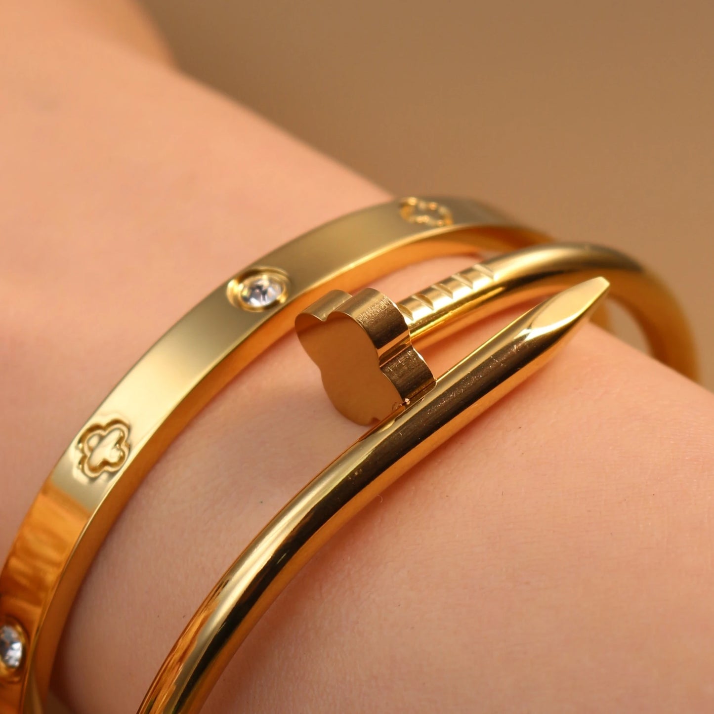 Women Heart Shaped Zircon Stainless Steel Gold Color 2-in-1 Bangles Bracelet Jewelry