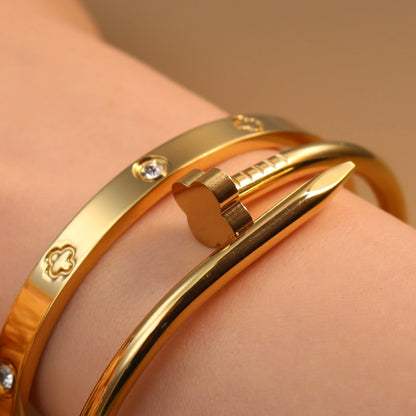 Women Heart Shaped Zircon Stainless Steel Gold Color 2-in-1 Bangles Bracelet Jewelry