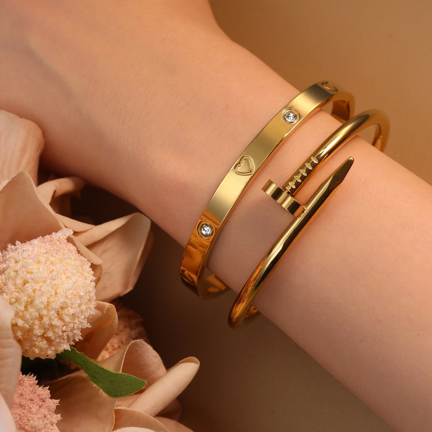 Women Heart Shaped Zircon Stainless Steel Gold Color 2-in-1 Bangles Bracelet Jewelry