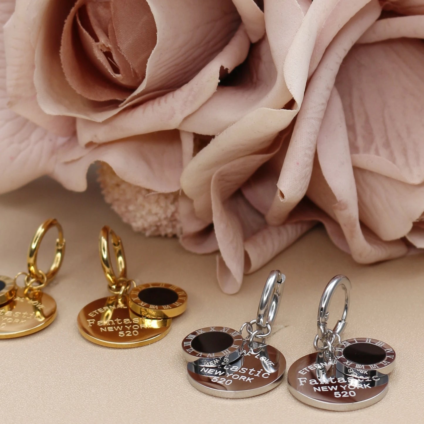 Roman Numeral Medallion Design FOREVER LOVE Stainless Steel Earrings Gift