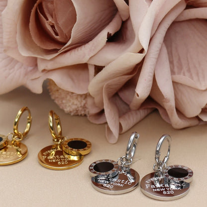 Roman Numeral Medallion Design FOREVER LOVE Stainless Steel Earrings Gift