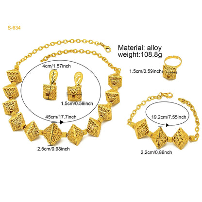 Fashion Indian 24K Gold Color Women African Wedding Dubai Necklace Earrings Bracelet Ring Jewelry Set