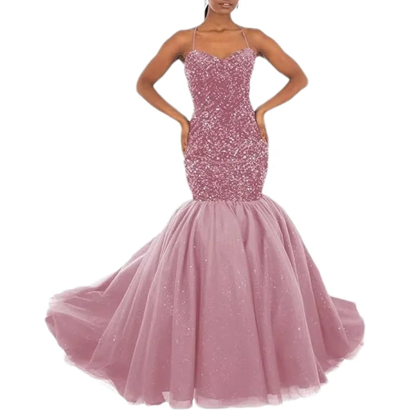 Sparkly Sequin Prom Women Long Tulle Halter Ball Gown Sleeveless Mermaid Formal Evening Party Dress