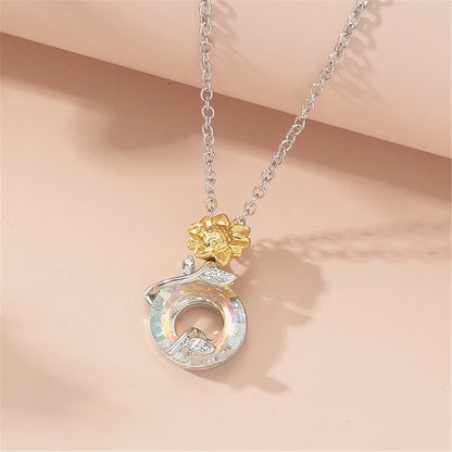 Women Luxury Colorful Round Crystal Winding Sunflower Pendant Necklace