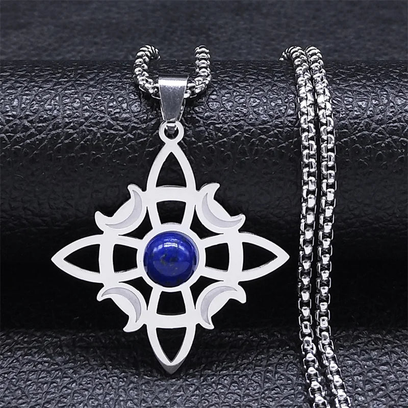 Stainless Steel Natural Stone Witch Amulet Wicca Celtic Knot Triple Moon Goddess Necklace