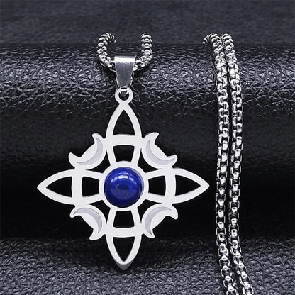 Stainless Steel Natural Stone Witch Amulet Wicca Celtic Knot Triple Moon Goddess Necklace