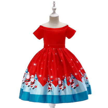 Kids Girls Princess Cartoon Santa Claus Snowflake Costume Xmas Party Print Dress