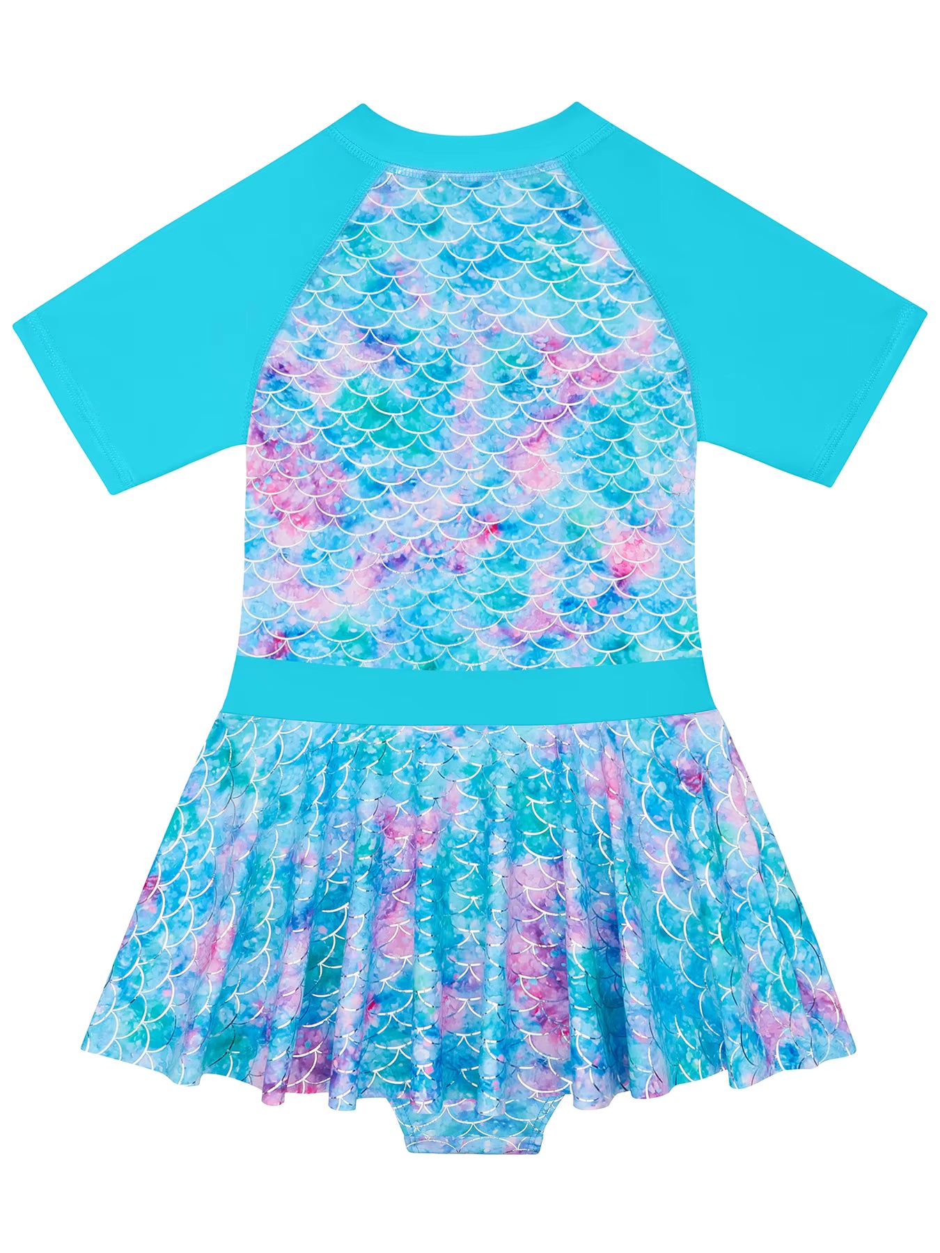 Kids Girls Short Sleeve Shinny Beach Sky Blue Skirted Bikini Briefs Swimming Suit