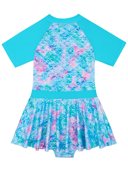 Kids Girls Short Sleeve Shinny Beach Sky Blue Skirted Bikini Briefs Swimming Suit