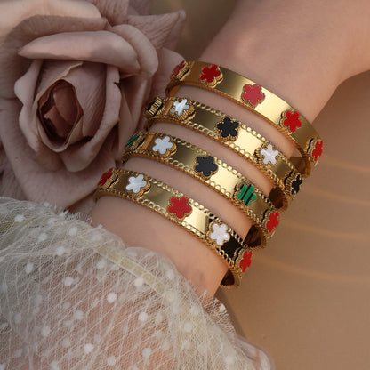 Women Acrylic Flower Shape Stainless Steel 18k Gold Color Bracelet Bangles