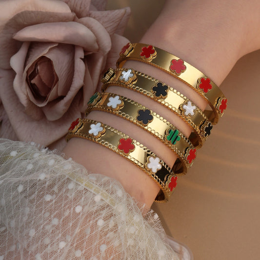 Women Acrylic Flower Shape Stainless Steel 18k Gold Color Bracelet Bangles