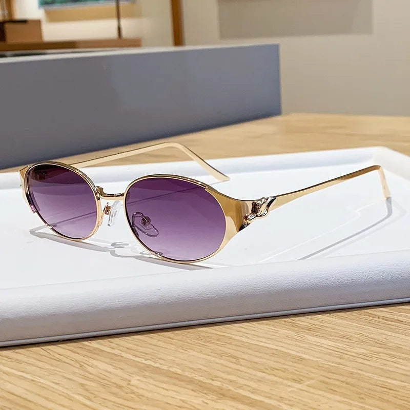 Women Metal Frame Oval Shades Fashion Designer Sunglasses Glasses