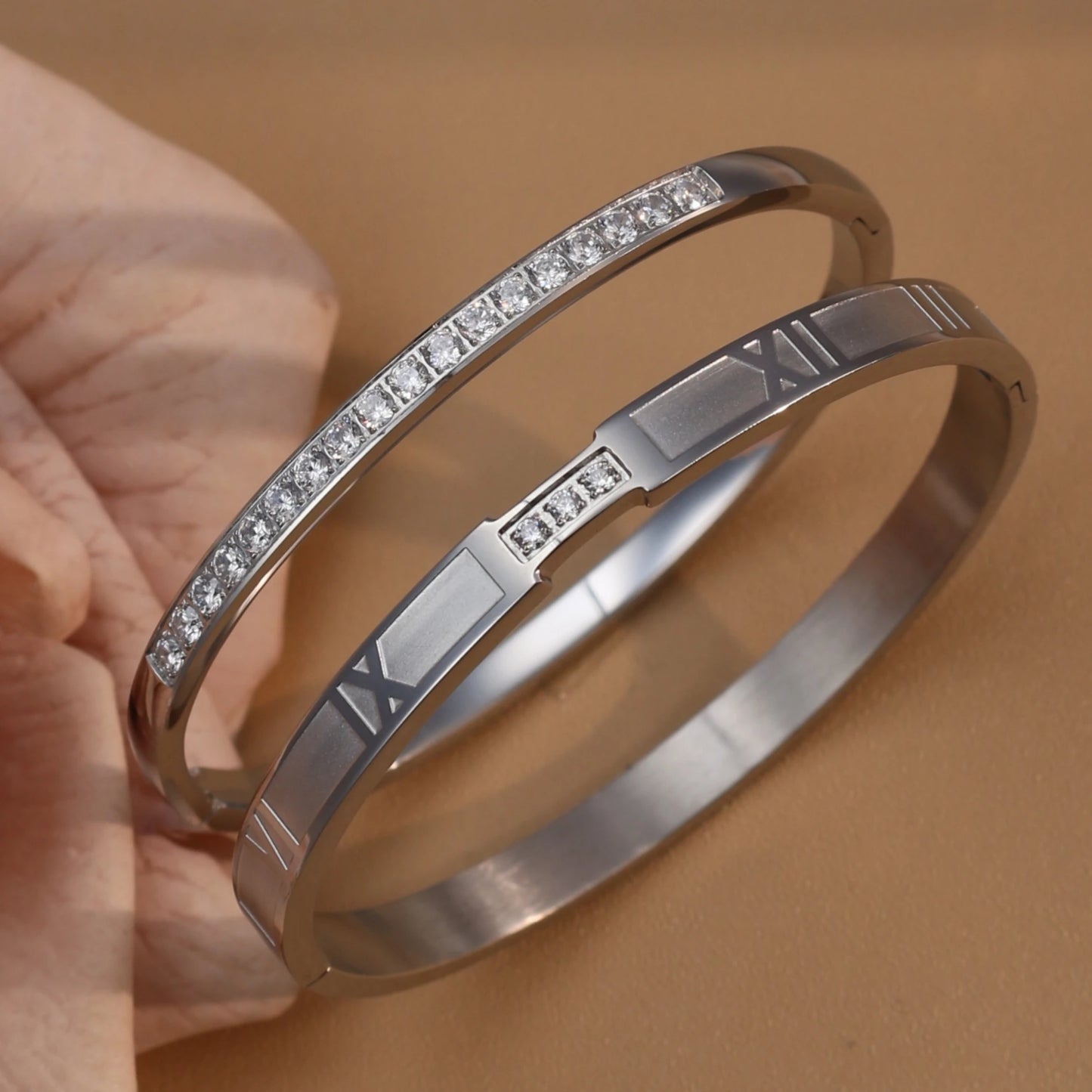 Women Zircon Roman Numeral Stainless Steel Plated 18K Gold Bracelet
