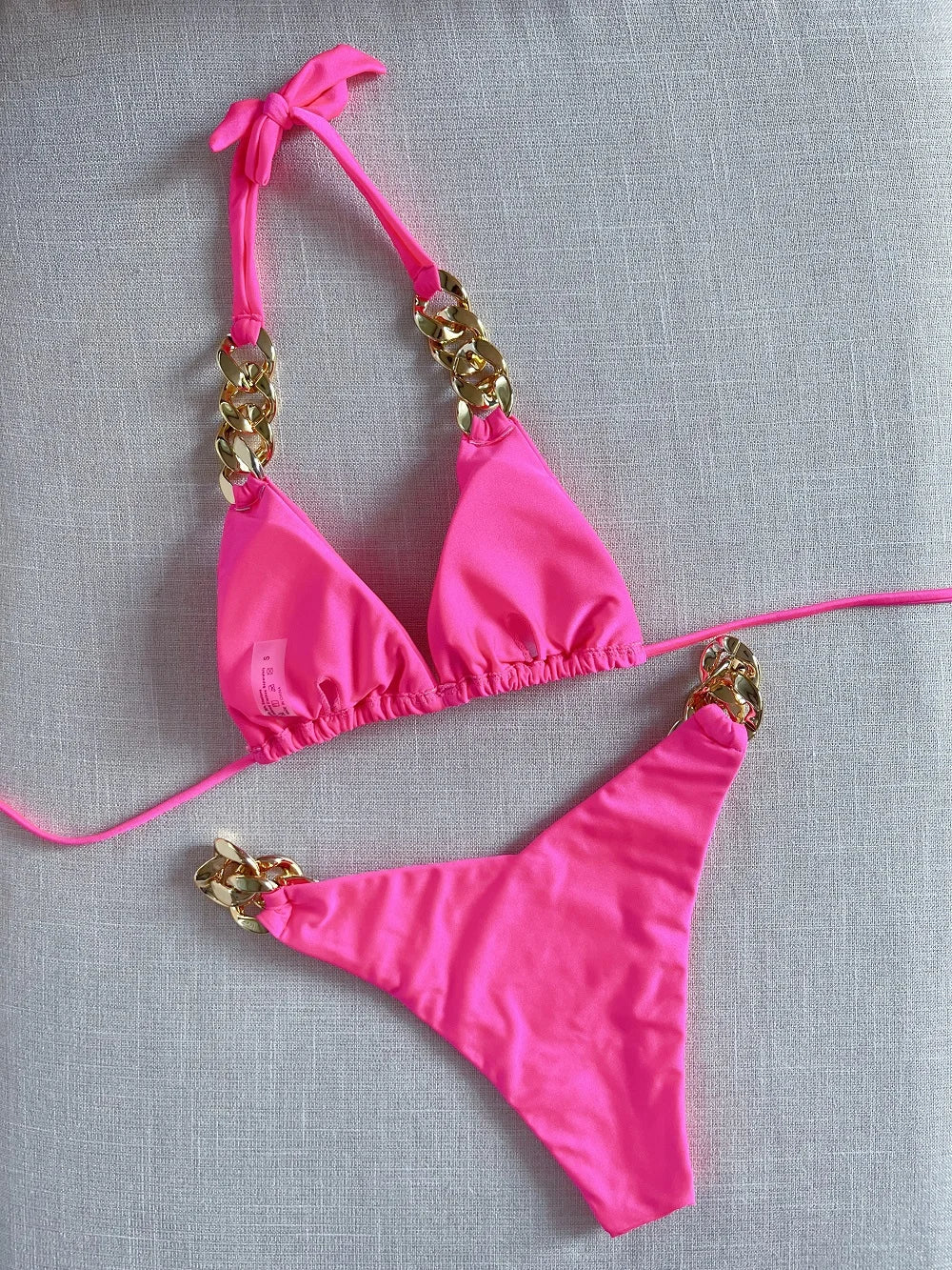 Sexy Triangle Solid Color Chain Decor Split Bikini Beachwear Brazilian Swimwear Bathing Suit