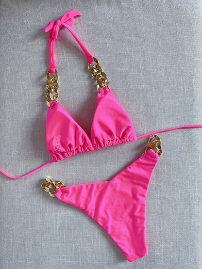 Sexy Triangle Solid Color Chain Decor Split Bikini Beachwear Brazilian Swimwear Bathing Suit