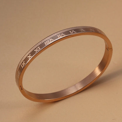 Women Roman Numeral 18k Gold Color Stainless Steel Zircon Bracelet Bangles