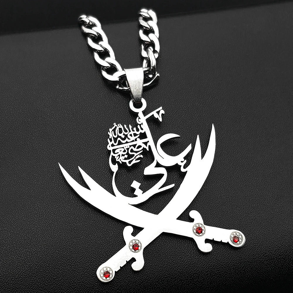 Men Women Stainless Steel Arabic Rhinestones Imam Ali Sword Muslim Islam Chain Pendant Necklace