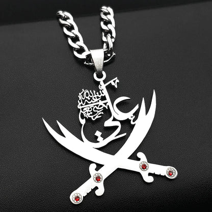 Men Women Stainless Steel Arabic Rhinestones Imam Ali Sword Muslim Islam Chain Pendant Necklace