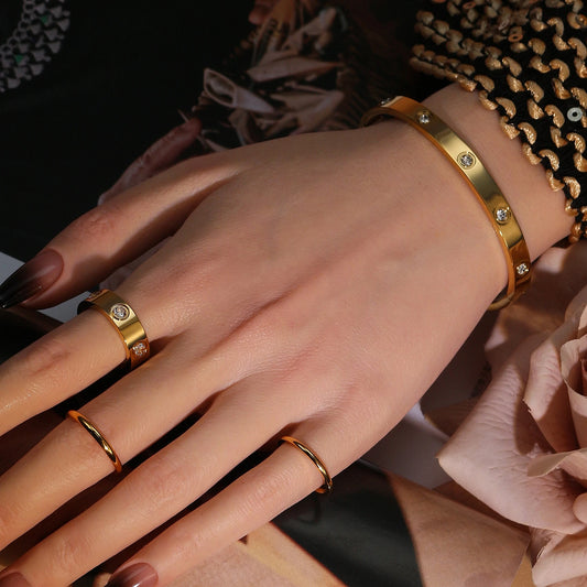 2-in-1 Women 18K Gold-Plated Stainless Steel Bracelet Ring Jewelry Set.