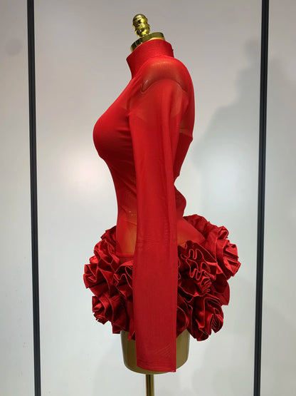 Sexy Mesh See through Stereoscopic Flowers White Red Mini Bandage Birthday Evening Party Dress